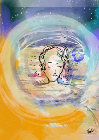 Rundarummet by FridaRit - a woman's head with closed eyes inside a pale bubble against an orange sun