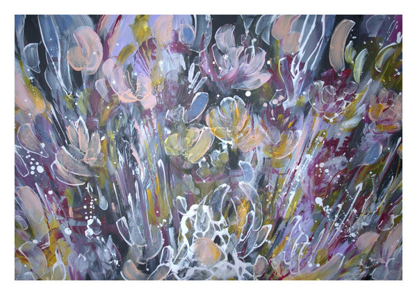 Euforia by Art Anne Lee - a crowded flower field in violet and grey on a near-black ground