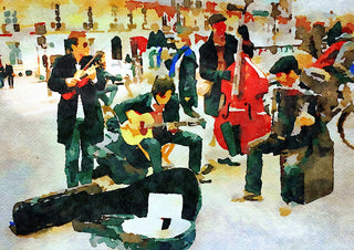 Musicians in Paris by Massimo Frascogna - three street musicians with a red double bass
