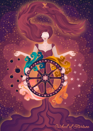 Wheel of Fortune by Sciurus tarotus - a blindfolded woman behind a star-studded wheel on a purple starry ground