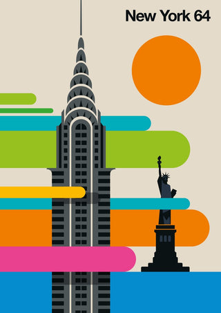 New York 64 by Bo Lundberg - the Chrysler Building and the Statue of Liberty among rounded bars of lime, turquoise and pink