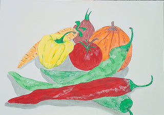Nature's bounty by Sulaika Martis - vegetables piled in a grey bowl with two chillies in front