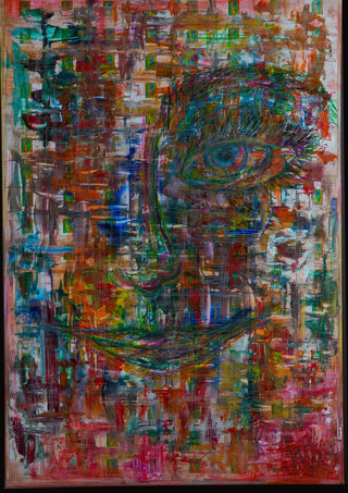 Augenblick by ullimcart - a face with one wide eye rising from a dense field of crossing colour
