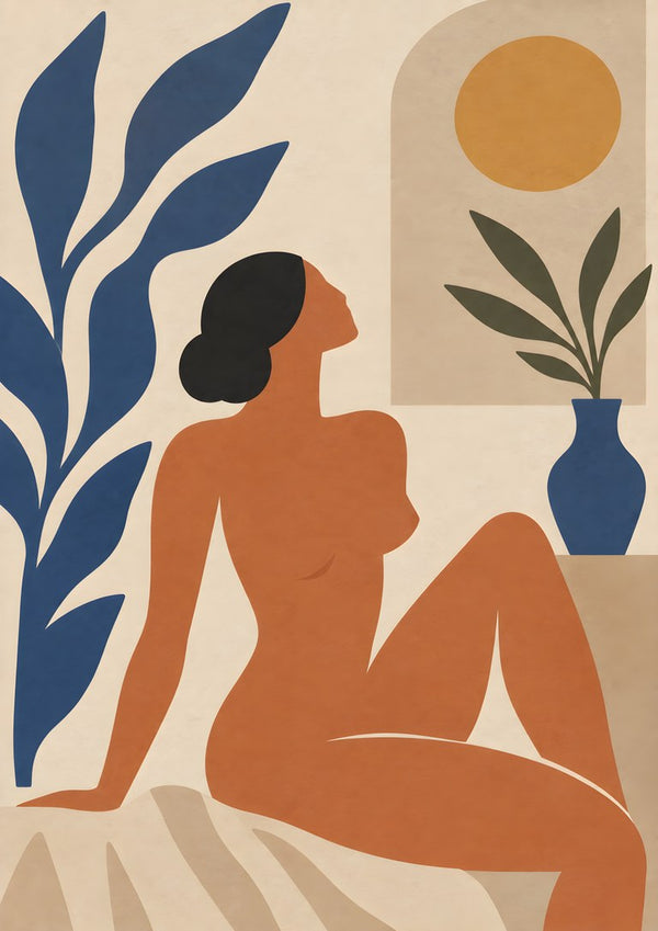 Matisse-Inspired Sunlit Muse by TimlessArtworks - a seated terracotta figure among blue leaves and a golden sun