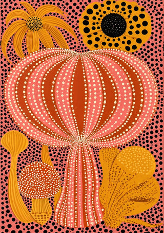 Pink Dotted Pumpkin by Yokohama - a ribbed coral pumpkin in rows of cream dots on a pink dotted ground