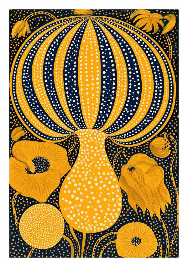 Yellow Dotted Pumpkin by Yokohama - a ribbed yellow pumpkin in white dots against deep navy