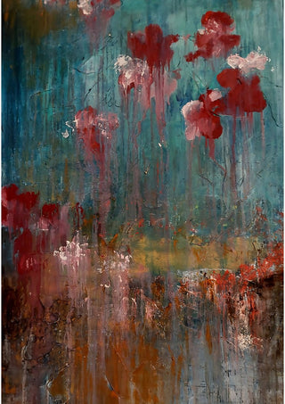 go with the flow(er) by hazelart - red and pink blossoms drifting over a deep teal ground with ochre below