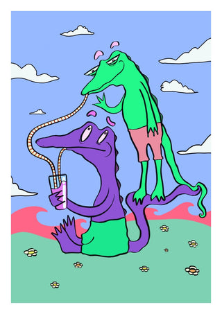 Crocodiles Friends by Elisa Albanelli - a purple and a green crocodile sharing one drink in a flowering meadow