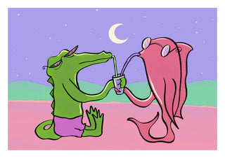 Drinking Buddies by Elisa Albanelli - a green crocodile and a pink jellyfish sharing a drink under a crescent moon