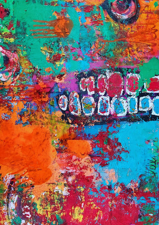 art against the maschine by hazelart - thick turquoise, orange and pink paint with white graffiti lettering