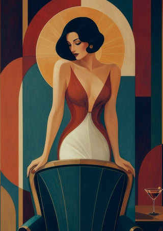The Last Martini by ArtySjak - an Art Deco portrait in teal and terracotta with a martini glass