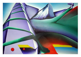 Futuris Landscape II by Luis Valquaresma - a purple tower against teal hills and snow-capped peaks