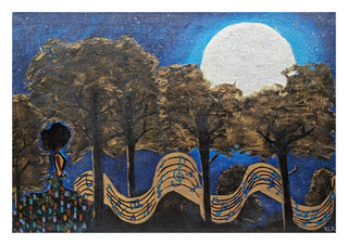 Camino al Baile by Naïve Art by YLR - a woman walking under golden trees and a white moon