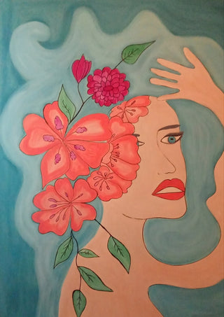 Flowers in head by Carmen Coduri - a woman's face behind coral hibiscus and a pink dahlia