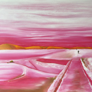 Pink Winter by Emil Walli - a wide snowfield in rose and magenta under ochre hills