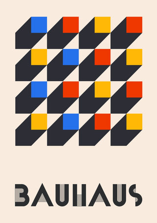 Bauhaus Grid by Neil Stevens - a charcoal grid with blue, red and yellow squares on warm off-white