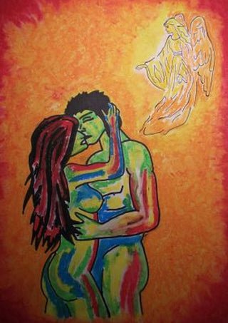 Liebe und Psyche by Olaf Baier - a couple kissing in green, blue and red with an outlined angel above
