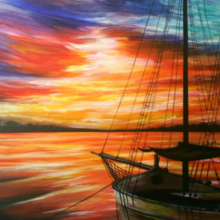 Sunset in red by Sunny - the bow and rigging of a boat against a sea and sky burning orange and red