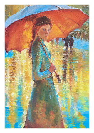 Woman with an Orange Umbrella by Mariia Nikolina - a woman on a wet street under an orange umbrella