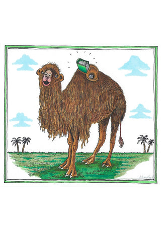The Camel and the Book by Waldemar Mandzel - a grinning two-humped camel with a small green book on its hump