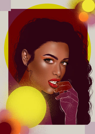 The Light is Coming by Sabrina Rosenblatt - a woman with dark red curls on a deep red panel with floating circles