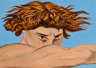 Lucifer (my view) by Zhan Snow - a figure with auburn curls resting on crossed arms against flat sky blue