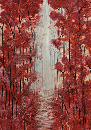 Into the Quiet by Maya - a path between slender trees with red and pink autumn foliage