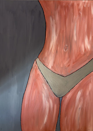 Bare Confidence by Bibi - a cropped figure study in warm coral against a flat grey ground