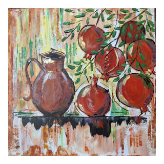 Pomegranates by Dina - a brown jug and dark red pomegranates under a leafy branch