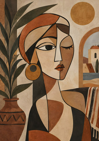 Mediterranean Cubist Woman by TimlessArtworks - a split terracotta and cream face with a sunlit village behind