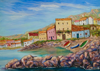 View of La Azohía village by PaKart - houses above a rocky shore with boats and green hills