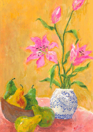 Lillies by Deblina Dey - pink lilies in a blue-and-white jar with green pears