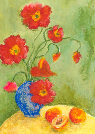 Poppies by Deblina Dey - red poppies in a blue vase with apricots on a yellow table