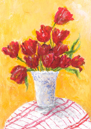 Tulips - II by Deblina Dey - deep red tulips in a white vase on a red-checked cloth