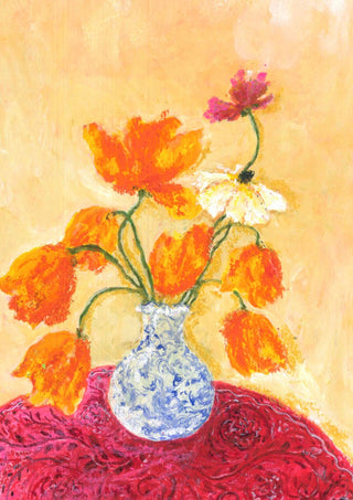 November Tulips by Deblina Dey - orange tulips in a blue-and-white vase on a crimson cloth