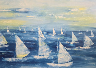 Sailing Free by Sabine Halbrock - white sailing boats crossing deep blue water