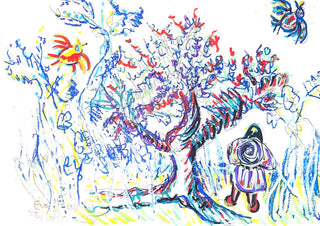 Under the Tree by Eva Hartman - a small figure beneath a tree drawn in blue and red line