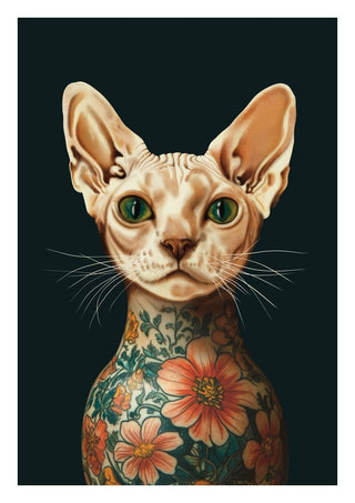 Tattooed Sphynx by Nari - a hairless cat with green eyes and a floral tattoo against black