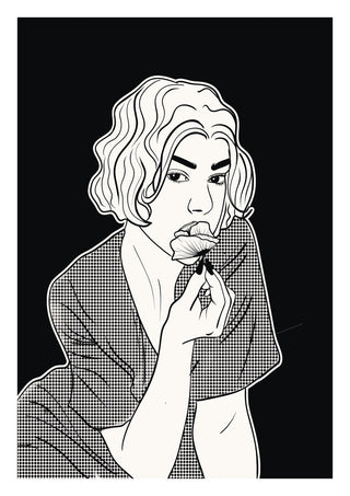 Poppy by Nari - a woman in a checked robe holding a poppy, in black line and halftone