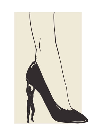 Heavy is the Heel by Nari - a small figure holding up a black high-heeled shoe