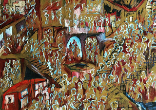 New Thing From London Town by Will Black - an ochre city packed with small blue outlined figures