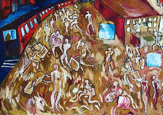 Leeds Train Station by Will Black - a red train above an ochre mound covered with pale figures
