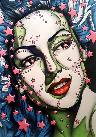 StarLady by Okiana - a green and cream face with pink stars and waving blue hair