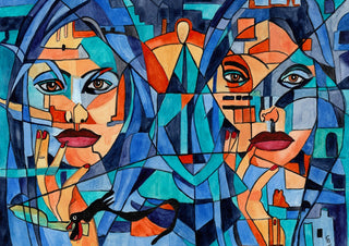 Daddy and his daughters by Vera Louise Boldt - faceted faces in blue, turquoise and orange
