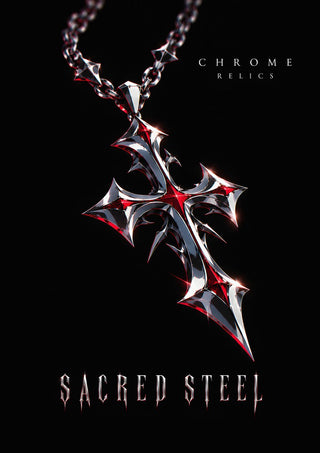 Sacred Steel by Melancholy Machinations - a chrome gothic cross on a spiked chain against black