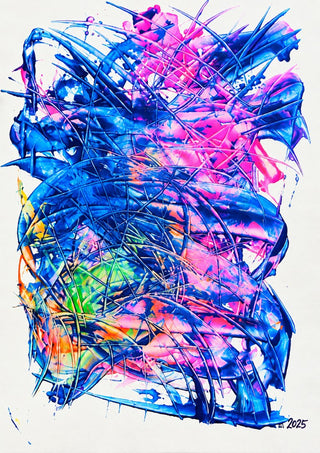 Electric Bloom by Ronald Rumell - vivid pink and deep blue lines looping into a dense centre