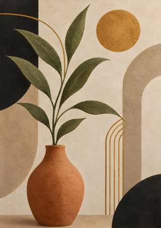 Terracotta Vase with Green Leaves by TimlessArtworks - a single clay vase under a gold disc on cream