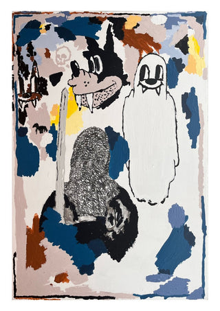 I CRACKED THE BED, THE GHOST WAS UNDER by Oscar Birch - a white ghost and a cartoon wolf in acrylic