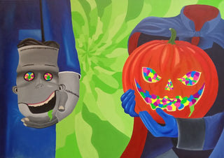 Split Identity by Luigi Monti - a stitched Frankenstein head and a bright pumpkin on green and blue