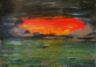 Burning sky by Ian Frederick Harris - an abstract red and orange sunset between a charcoal sky and green land